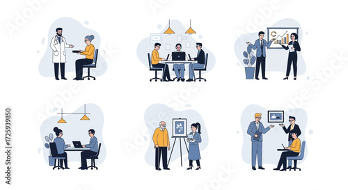 Illustrations depicting various business and professional scenarios focusing on teamwork and collaboration in office settings