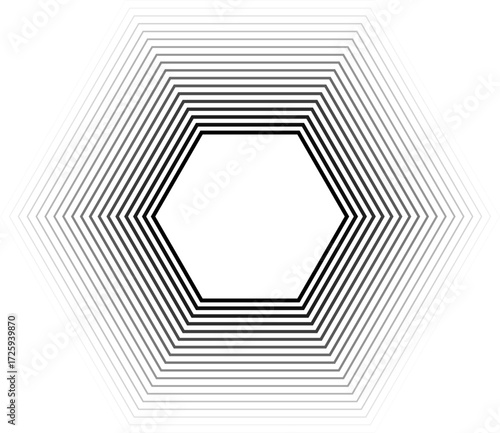 Hexagonal shape with 18 concentric continuous lines where inner lines are thicker than outer lines with gradient