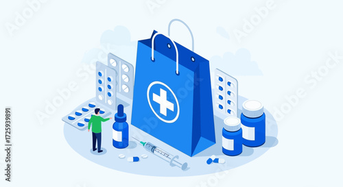 Online Pharmacy Delivery Service for Your Health Needs with a Blue Shopping Bag and Medical Supplies