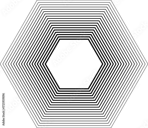 Hexagonal shape with 18 concentric continuous lines with thicker inner lines and thinner outer lines without gradient