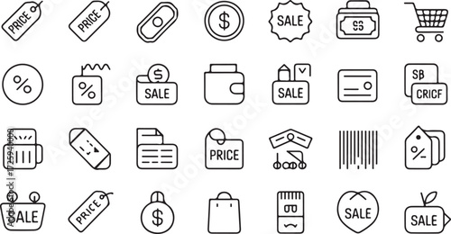 Collection of black outline icons for shopping and finance sale price tag