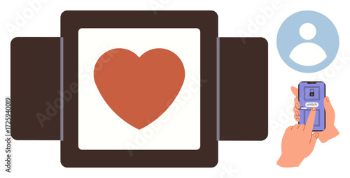 Heart inside a secure box being unlocked through a smartphone app. Ideal for security, technology, love, privacy, connection, trust, accessibility. A focused simple flat metaphor
