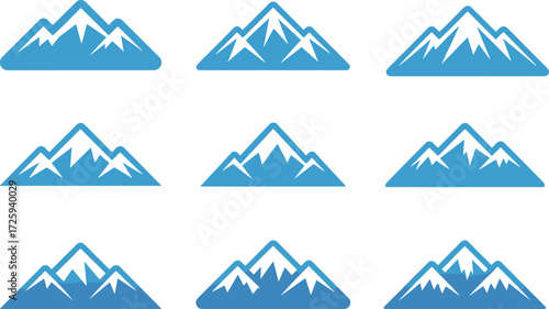 Mountain icons, blue silhouette, snow peaks, minimalist design, nature symbols, adventure graphics, outdoor branding, travel theme, vector illustration, alpine shapes,