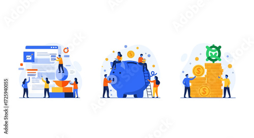 Illustrating Financial Concepts with People Interacting with Icons Related to Saving Investing and Growth in Business