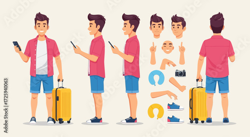 Animated Character Collection Representing A Happy Young Man Ready For A Vacation Adventure With His Luggage And Accessories