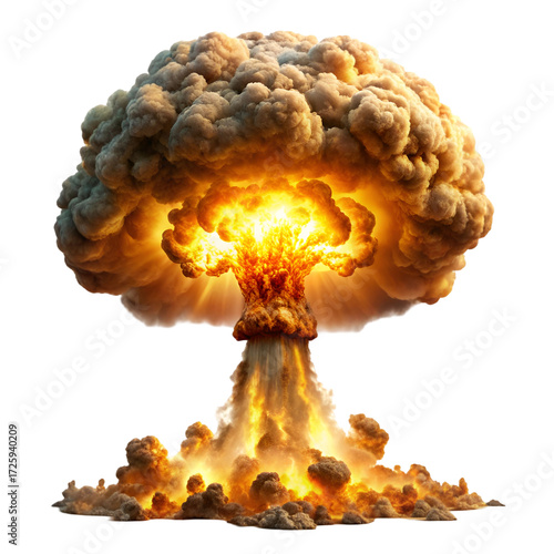 Bright orange nuclear explosion mushroom cloud with smoke and fire atomic bomb