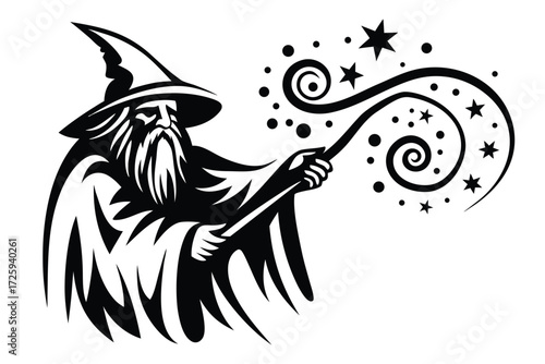 Wizard casts spell using wand to conjure stars and swirl patterns in black and white