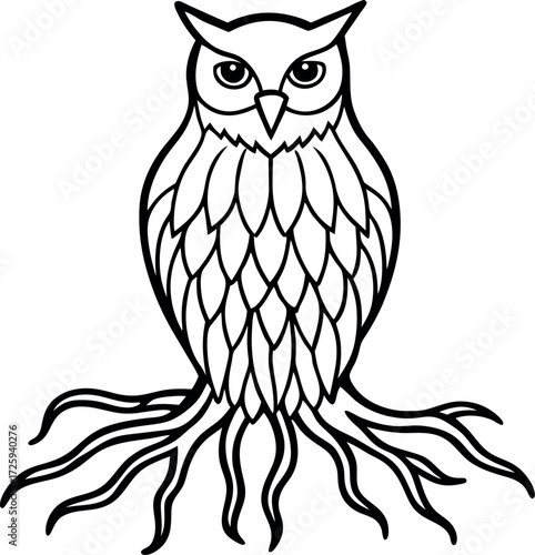 owl perched on glowing roots illustration on transparent background