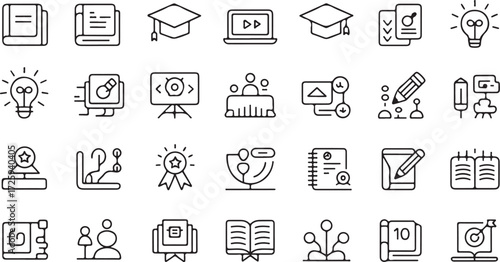 Collection of line art icons representing education learning and business concepts school university