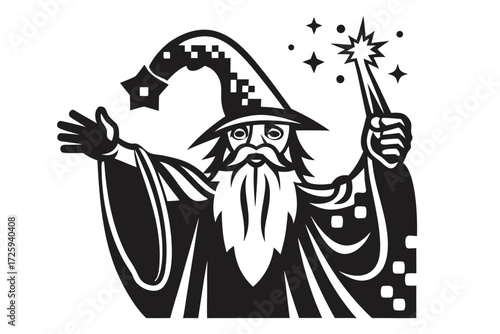 Wizard casts spell while wearing robes and magical hat in black and white