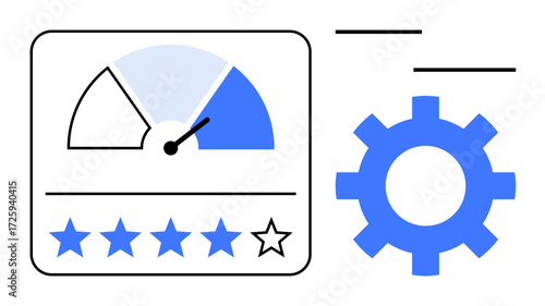 Performance meter with needle, five-star rating system, blue gearwheel, and abstract lines. Ideal for feedback, rating, optimization, quality, performance evaluation analytics simple flat metaphor