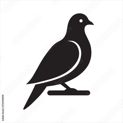Vector illustration of a black Columbidae bird in silhouette with a detailed beak and feather on a branch.