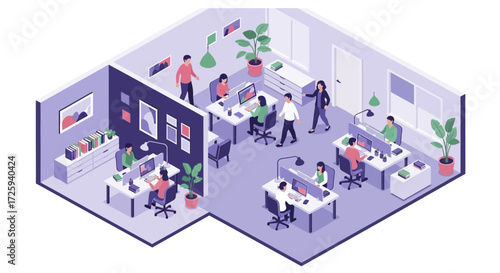 Modern open plan office interior design with diverse employees working at desks and collaborating in a vibrant and productive work environment