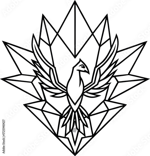 phoenix emerging from crystal shards illustration on transparent background