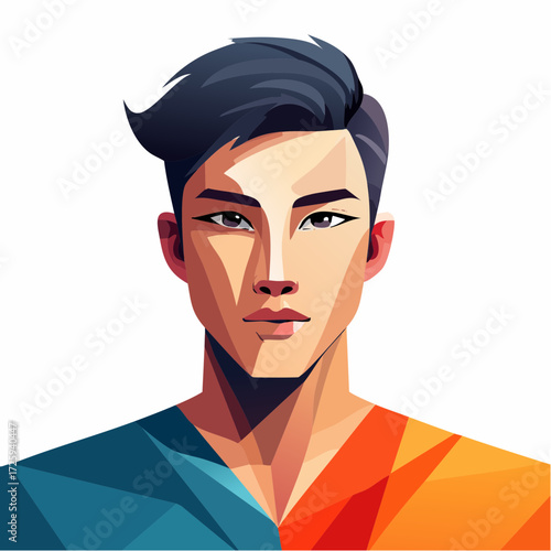 A striking conceptual portrait of a young Asian man in a modern low poly style, representing duality with contrasting colors
