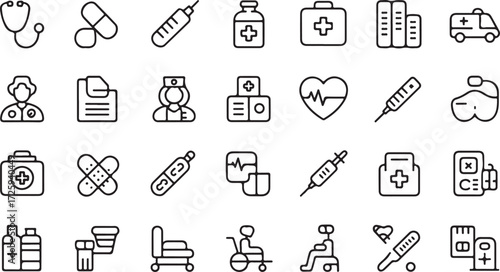 Collection of medical and healthcare icons in a simple line art style stethoscope pills