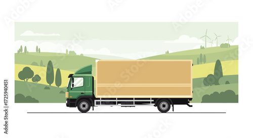 Green Truck Transporting Goods Through a Scenic Rural Landscape with Rolling Hills and Wind Turbines