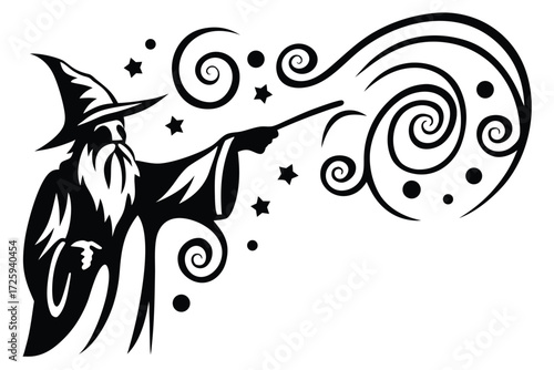 Wizard figure casting spell with magic wand creating circles and stars in monochrome style