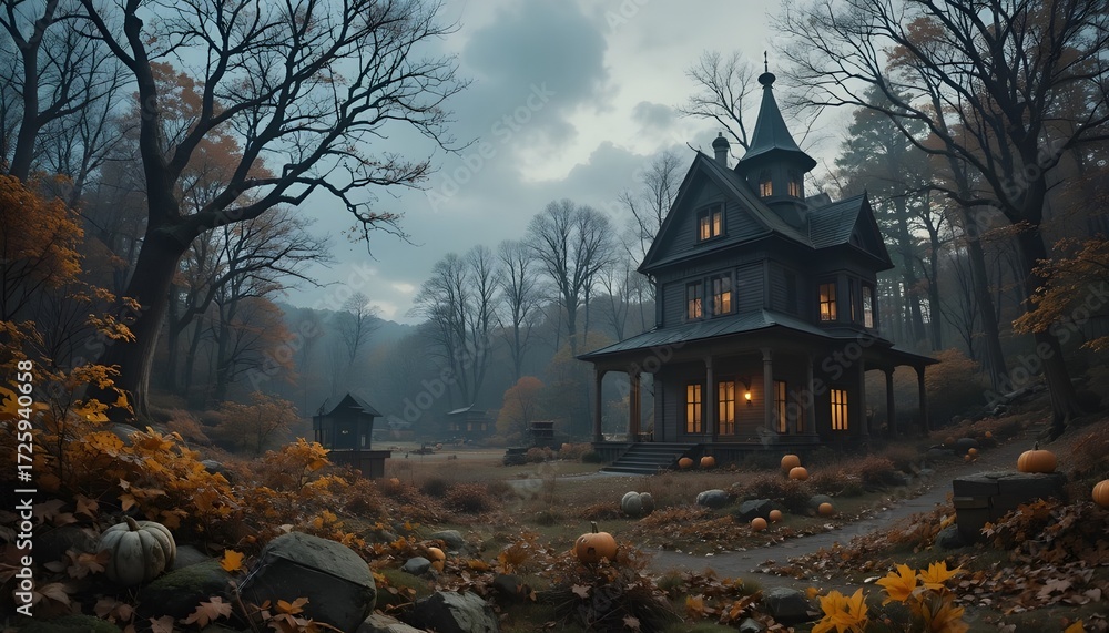 Obraz premium Victorian Haunted House Halloween in Autumn Forest
