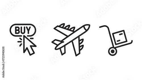 Vector art of icon set featuring online purchase, airplane travel, and package delivery