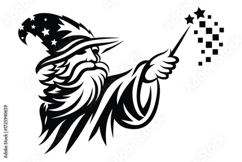 Wizard wearing star hat casting squares with magical wand in black and white