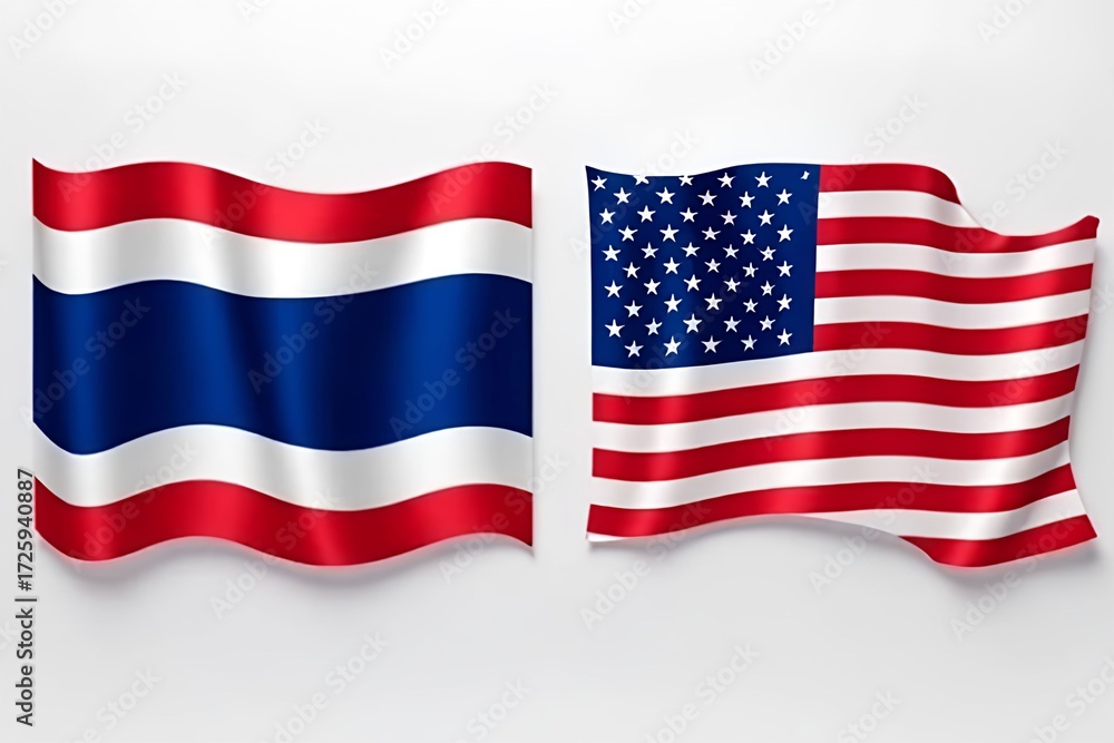 Obraz premium Flags of Thailand and America. International partnership, diplomacy, cultural exchange, and cooperation between Thai and USA. Global relations, trade agreements, and friendly collaboration