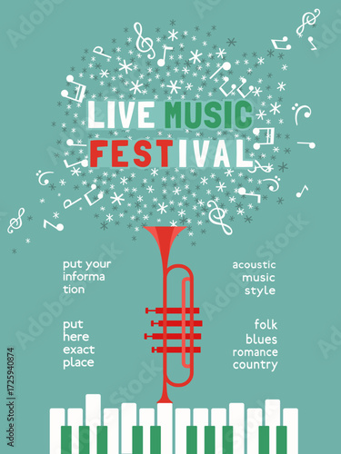 Winter Season Holidays Live Music Festival event vector poster template. Piano, trumpet silhouette, snowflake cartoon illustration. Christmas Jazz Night Fest Music performance, celebration background