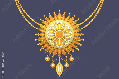 Ornate Golden Sun- Shaped Pendant Necklace with Double Chain on Dark Blue Background vector