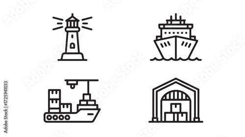 Illustration of a lighthouse, ship, cargo ship, and warehouse