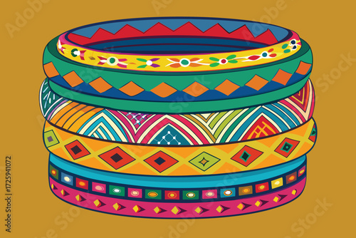Stack of Colorful Ethnic Bangles with Geometric and Floral Patterns on Ochre Background