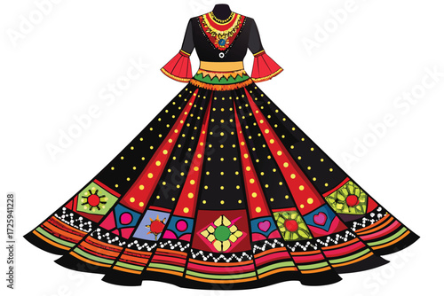 Traditional Indian Folk Dress with Colorful Geometric Patterns and Polka Dots Indian dress