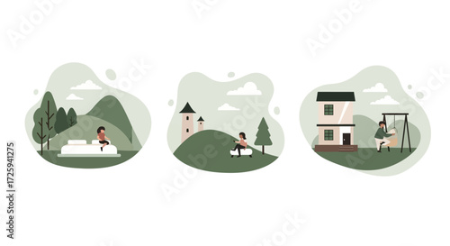 Illustrations depicting peaceful rural and suburban scenes with people enjoying outdoor activities in natural settings and residential areas