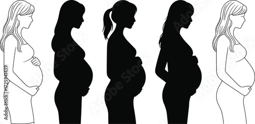 pregnancy, silhouette, woman, maternity, baby bump, stages, female, profile, black, white, vector, illustration, motherhood, expecting, prenatal, health, minimal, side view, outline, concept