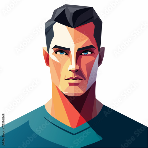 A modern stylized portrait of a confident handsome man with a chiseled jawline and intense blue eyes, created in a geometric vector art style