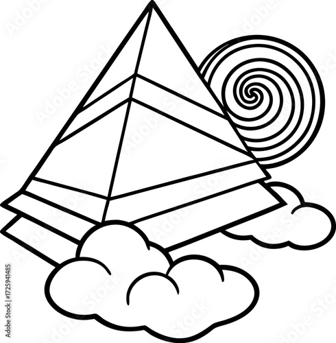 pyramid floating above spiral clouds illustration on transparent background