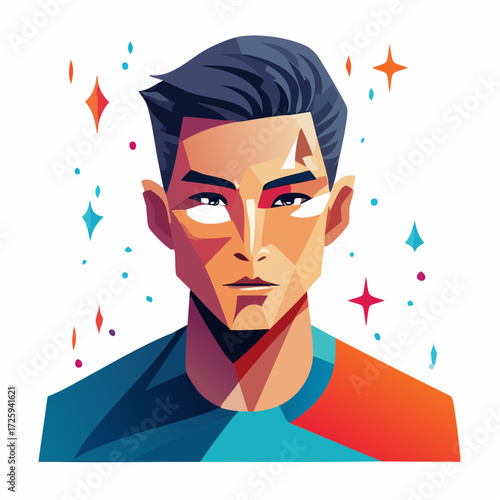 Modern vector art illustration of a young man with a chiseled face, showcasing a stylish and glamorous digital avatar concept