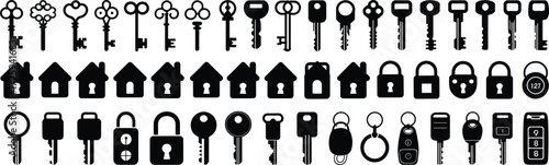 Security icons set, black silhouette keys, locks, houses, keyholes, padlocks, smart locks, car keys, minimal design, isolated vector