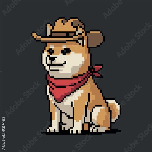Pixel Art Dog Cowboy with Bandana in Western Style Brown Tan