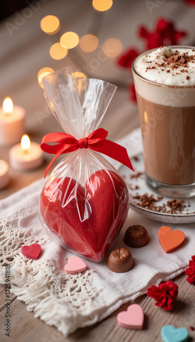 Romantic display with heart-shaped chocolates and coffee on table  
