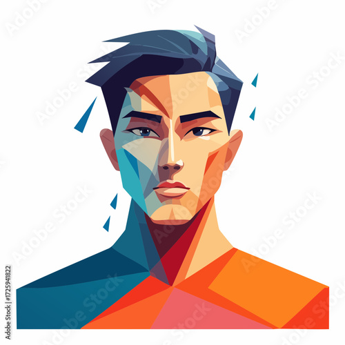 Vibrant geometric portrait of a handsome man with a sharp jawline, crafted in a modern, low-poly style