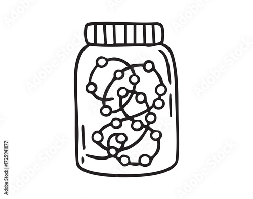 glass jar with glowing garland. monochrome line art, monochrome line art, clean outline, hand drawn, monochrome line art doodle hand drawn cartoon icon element