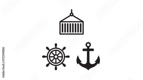 Vector art of maritime icons featuring a shipping container, ship wheel, and anchor