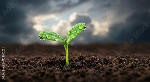 A small green sprout emerges from soil under a stormy sky, symbolizing hope and new beginnings
