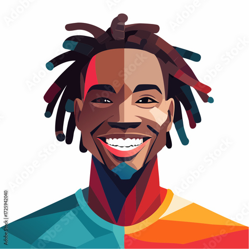 A vibrant and stylized portrait of a smiling Black man with dreadlocks, radiating happiness and positive energy in a modern geometric art style