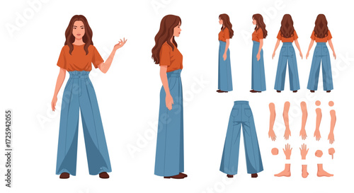 Character Design Sheet Featuring A Young Woman In Wide Leg Jeans And A Cropped T Shirt From Multiple Angles With Articulated Body Parts