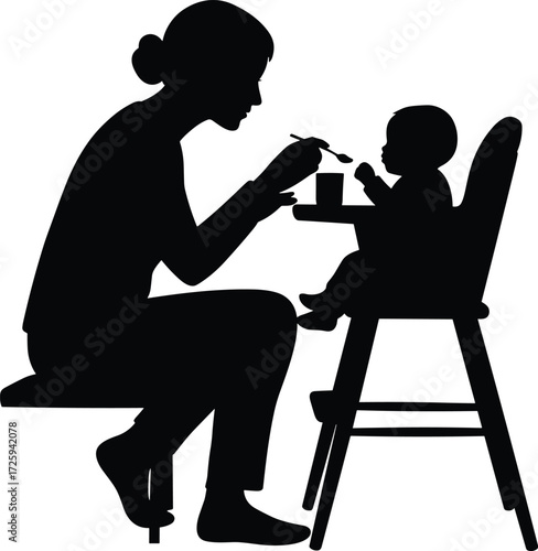 Feeding, baby, caregiver, silhouette, parenting, mealtime, spoon, high chair, nurturing, love, bonding, stool, interaction, care, family