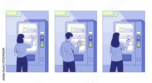 Modern people purchasing items from a high-tech automated vending machine illustrating convenience and accessibility for everyday needs