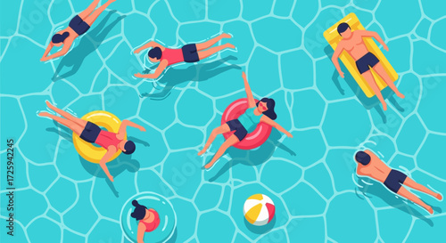 People Enjoying a Refreshing Swim and Relaxation in a Bright Blue Swimming Pool on a Sunny Day With a Beach Ball Floating