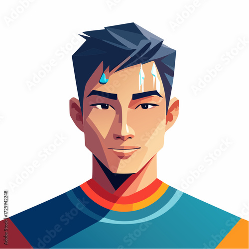 Portrait of a young Asian sportsman with a determined look, drops of sweat showing intense physical activity and focus