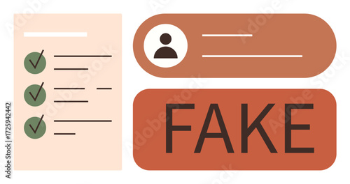Checklist with green checkmarks, user profile badge, and bold FAKE label. Ideal for security, identity theft, fraud prevention, online authenticity, fake vs. real data validation simple flat